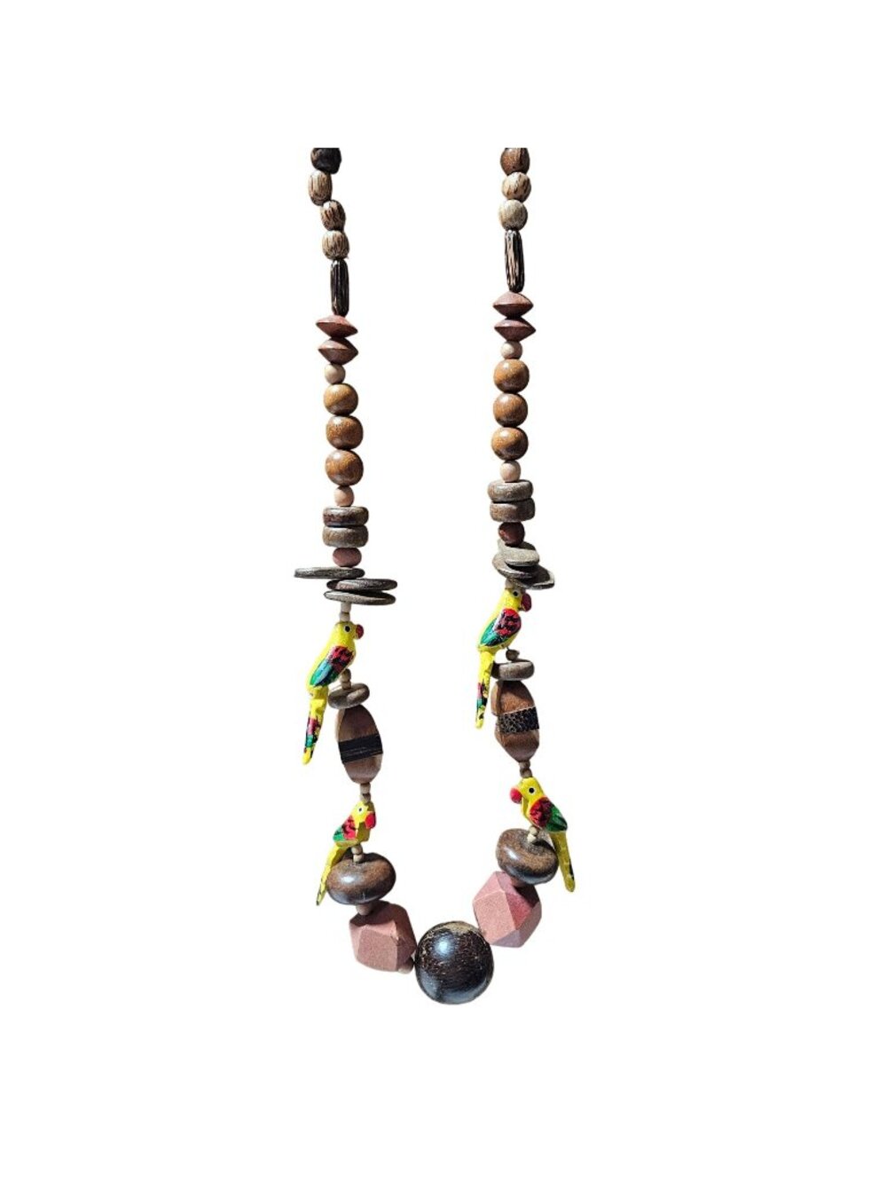 Handmade Painted Wood Parrot Necklace Macaw Jungle Boho Bird Beads Whimsical